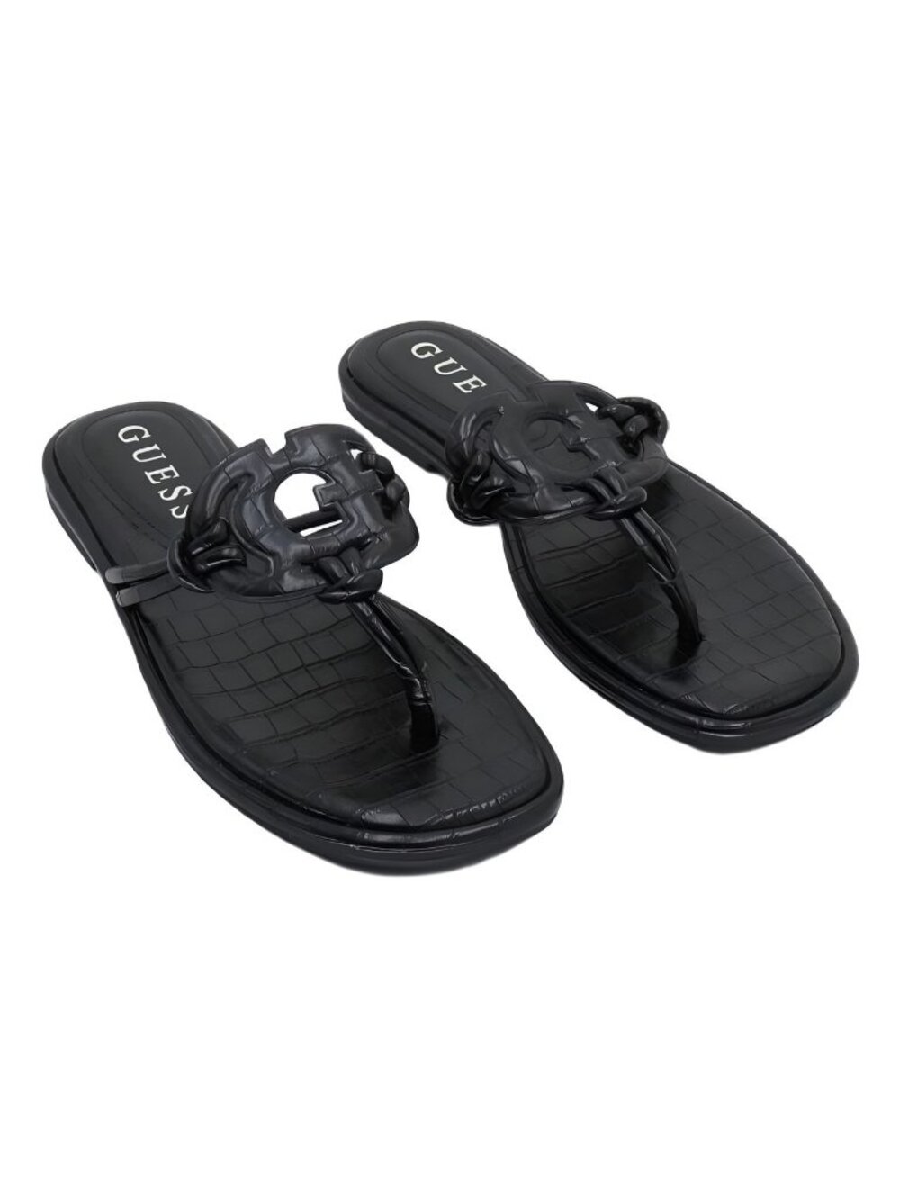GUESS Womens Saime Black Croco Embellished Thong Sandals Sz 8